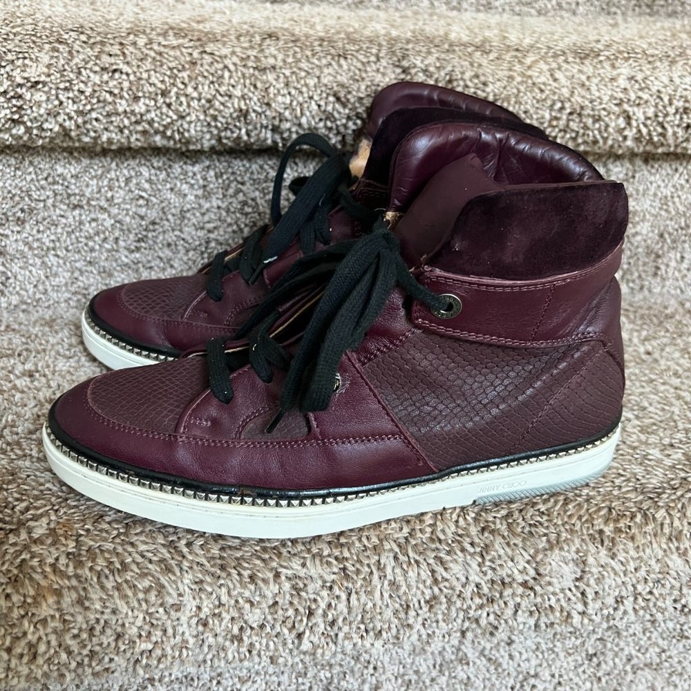 Jimmy Choo Barlowe Men's Viper-Print Burgundy High-Top Sneakers